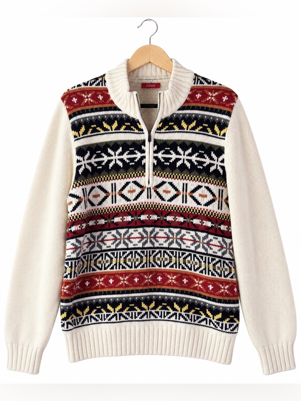 IZOD Fair Isle Half Zip Sweater Large Cream Red Black Nordic Ski Lodge Preppy